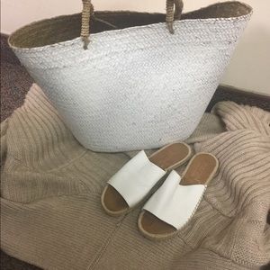 SOLD!! White straw bag and white slides.